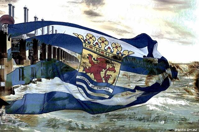 Fotoplaat Zeeuwse vlag en Oosterscheldekering aluminium