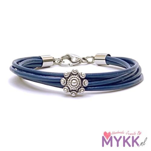 Zeeuwse knop armband RVS en leer blauw