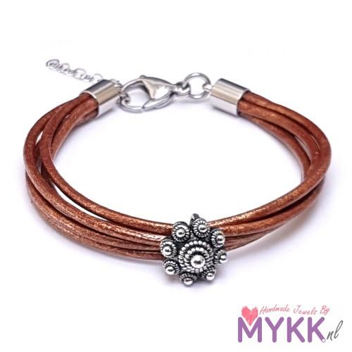 Zeeuwse knop armband RVS en leer metallic brons