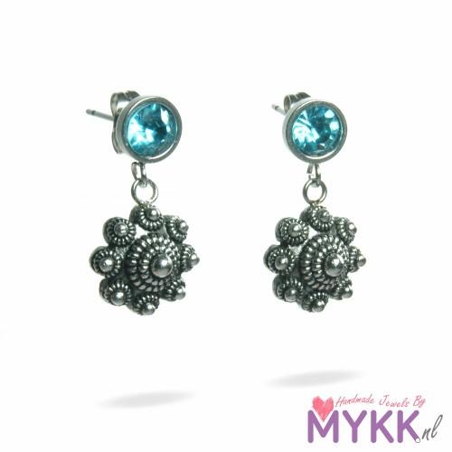 RVS oorsteker met steentje en RVS Zeeuwse knop hanger aqua