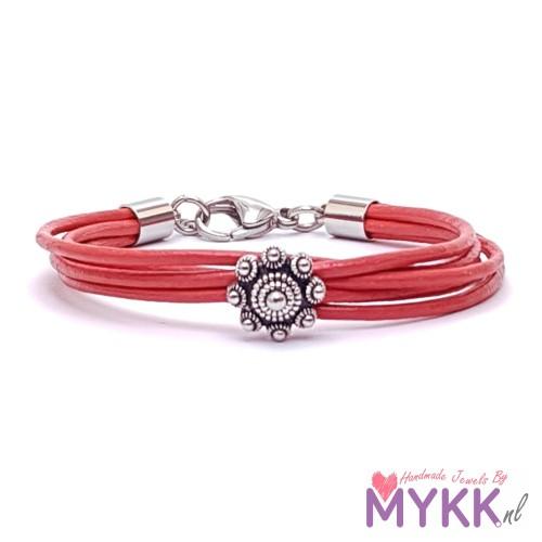 Zeeuwse knop armband RVS en leer rood