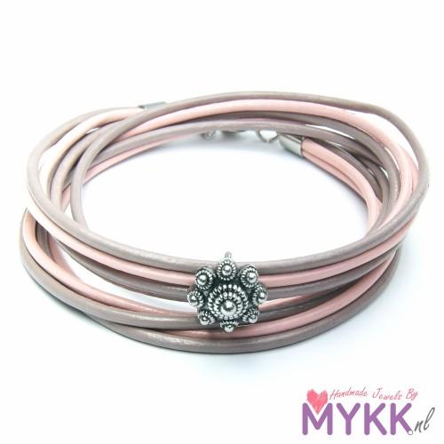 RVS Zeeuwse knop armband dubbel taupe met roze