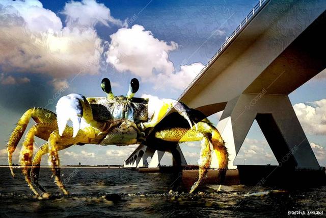 Fotoplaat Zeelandbrug en krab aluminium