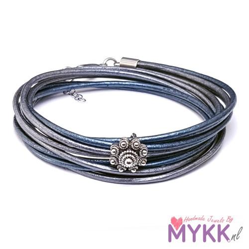 RVS Zeeuwse knop armband dubbel metallic blauw en grijs