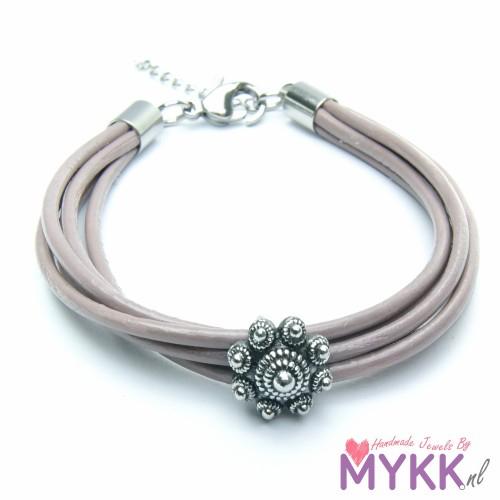 Zeeuwse knop armband RVS en leer taupe