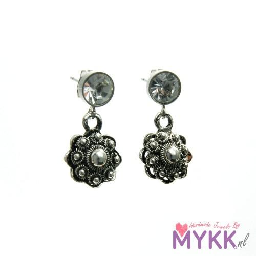 RVS oorsteker met steentje en metalen Zeeuwse knop hanger transparant