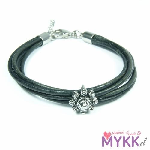 Zeeuwse knop armband RVS en leer zwart