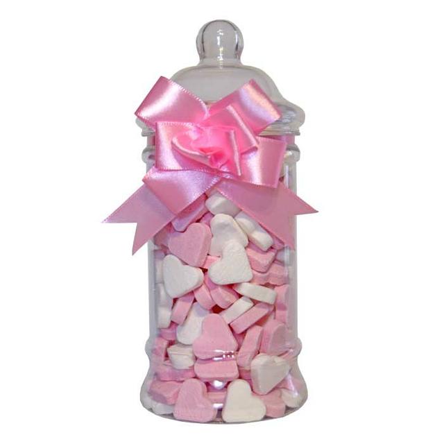 Stopfles geboorte Vruchtenhartjes roze-wit