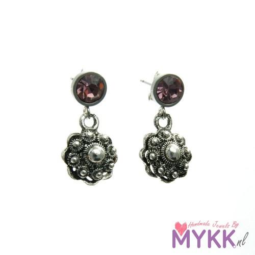 RVS oorsteker met steentje en metalen Zeeuwse knop hanger amethist
