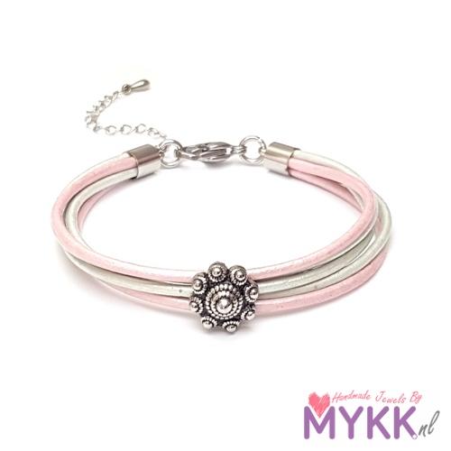 Zeeuwse knop armband RVS en leer roze/mint