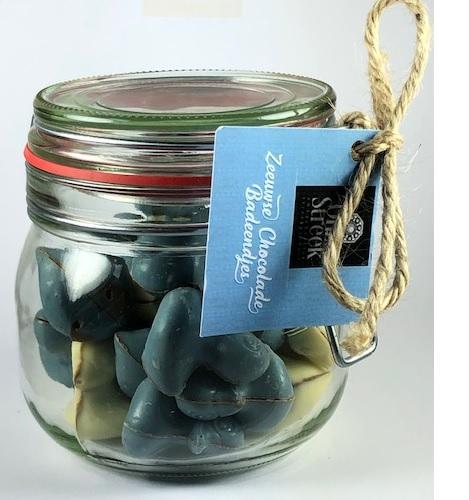 Snoeppot Zeeuwse chocolade badeendjes babyblauw